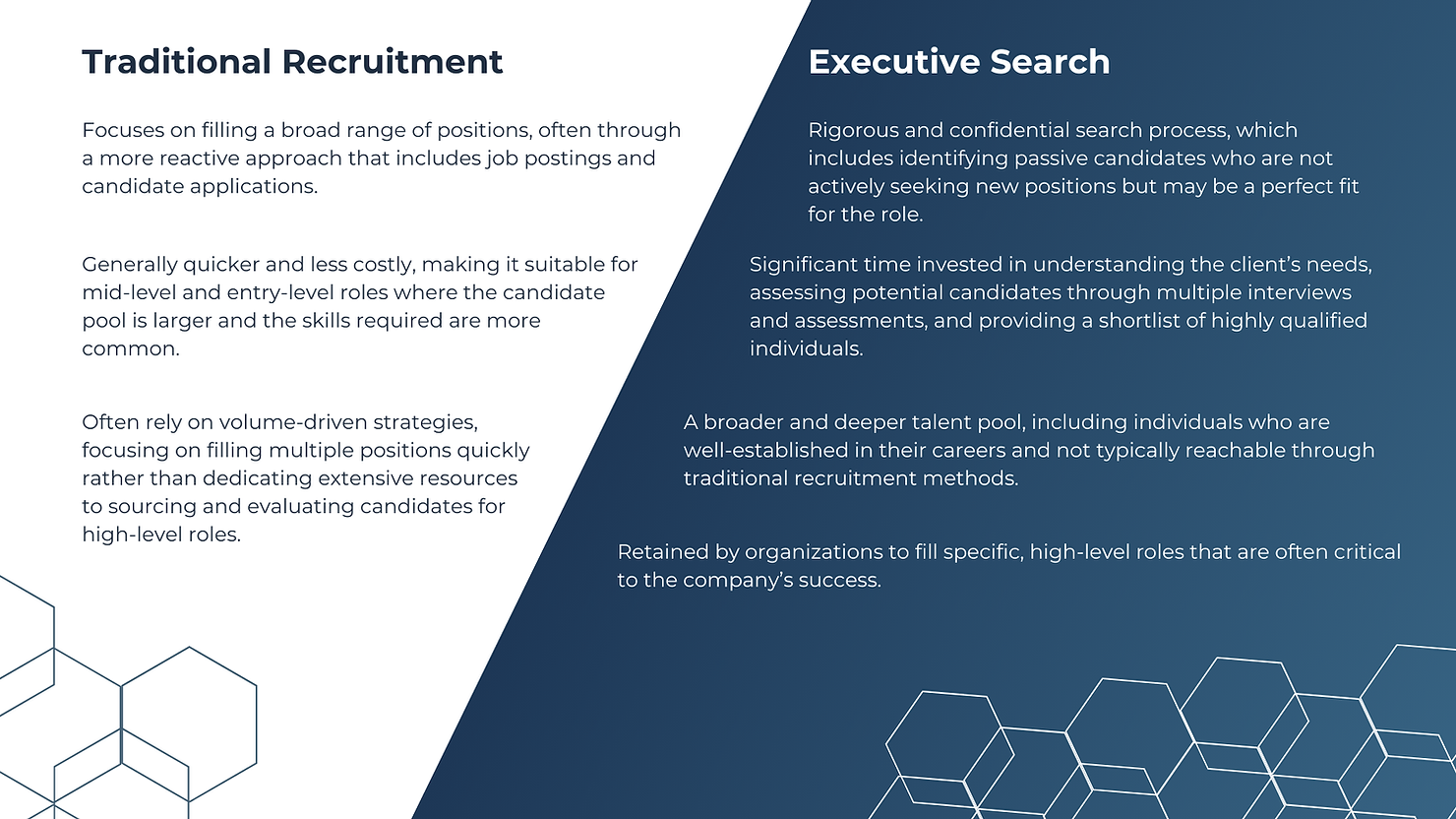 Infographic on how traditional contingency recruitment compares to retained executive search